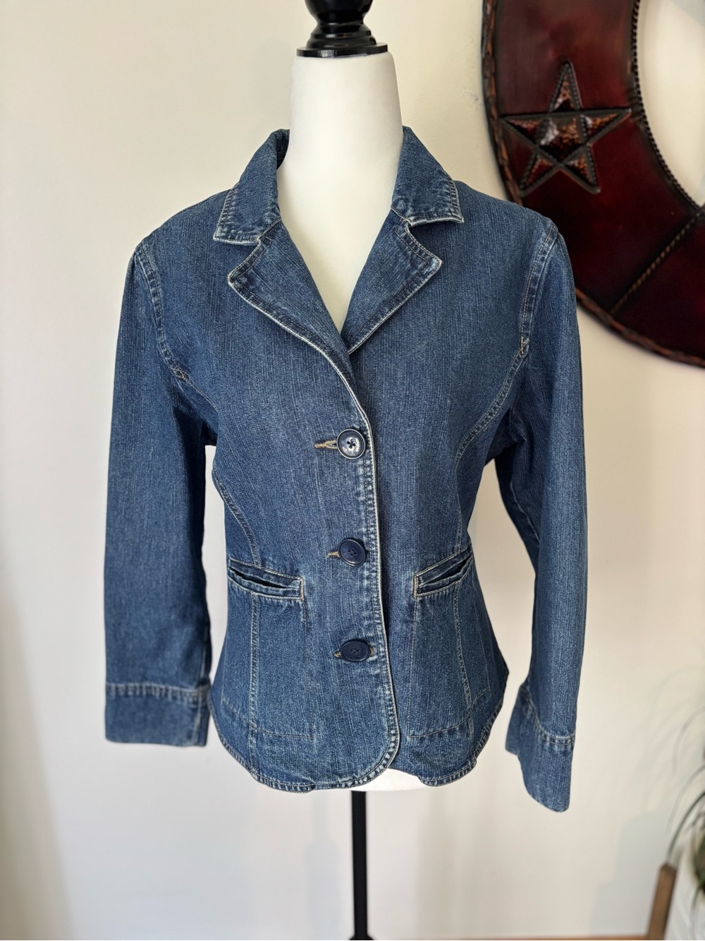 Bill Blass Vintage Y2K Classic Cotton  Dark Blue Denim Blazer Jacket Petite Lg